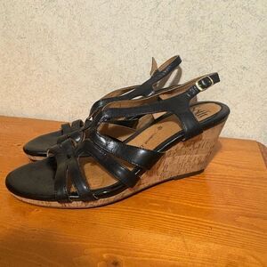 Sofft Black Leather Strappy Cork Wedge Heel Women’s Size 8.5